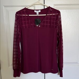 Nine West Wine V-Neck Top with Sheer Grid Sleeves